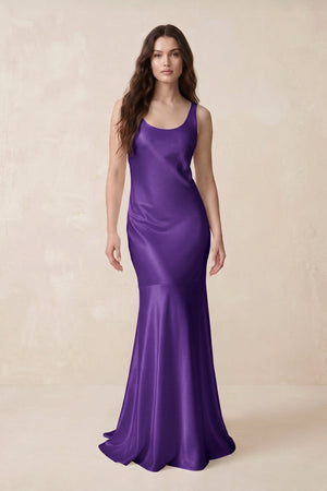 Mermaid Scoop Neck Satin Bridesmaid Dress with Bow in Amethyst - KISS BRIDAL Bridesmaid Dresses