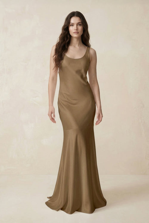 Mermaid Scoop Neck Satin Bridesmaid Dress with Bow in Apple Cinnamon - KISS BRIDAL Bridesmaid Dresses
