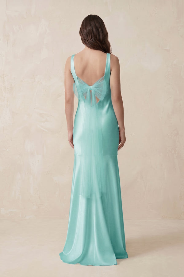 Mermaid Scoop Neck Satin Bridesmaid Dress with Bow in Aqua - KISS BRIDAL Bridesmaid Dresses