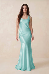 Mermaid Scoop Neck Satin Bridesmaid Dress with Bow in Aqua - KISS BRIDAL Bridesmaid Dresses