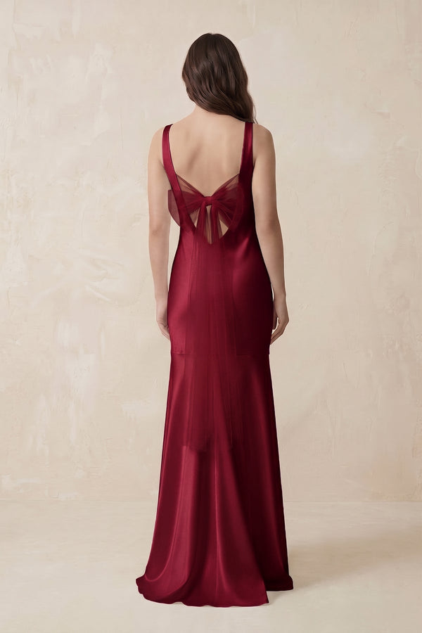 Mermaid Scoop Neck Satin Bridesmaid Dress with Bow in Berry - KISS BRIDAL Bridesmaid Dresses