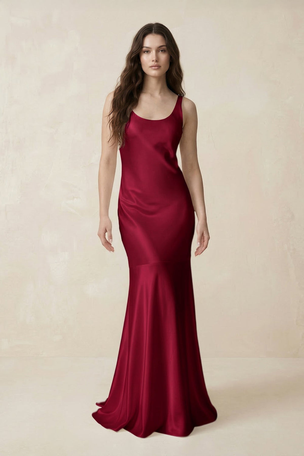 Mermaid Scoop Neck Satin Bridesmaid Dress with Bow in Berry - KISS BRIDAL Bridesmaid Dresses