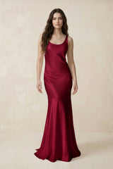 Mermaid Scoop Neck Satin Bridesmaid Dress with Bow in Berry - KISS BRIDAL Bridesmaid Dresses