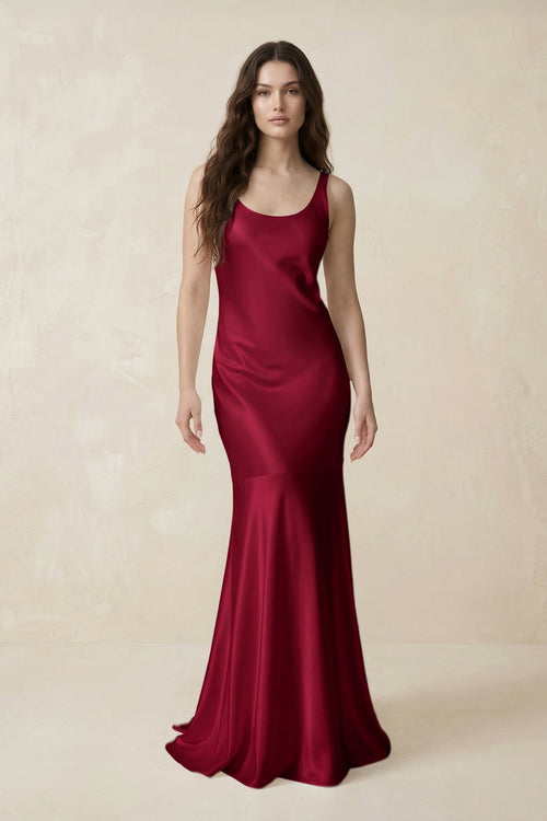 Mermaid Scoop Neck Satin Bridesmaid Dress with Bow in Berry - KISS BRIDAL Bridesmaid Dresses