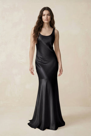 Mermaid Scoop Neck Satin Bridesmaid Dress with Bow in Black - KISS BRIDAL Bridesmaid Dresses