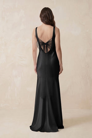Mermaid Scoop Neck Satin Bridesmaid Dress with Bow in Black - KISS BRIDAL Bridesmaid Dresses