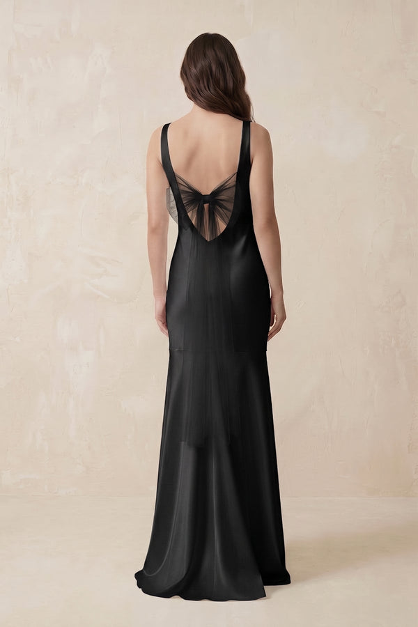 Mermaid Scoop Neck Satin Bridesmaid Dress with Bow in Black - KISS BRIDAL Bridesmaid Dresses