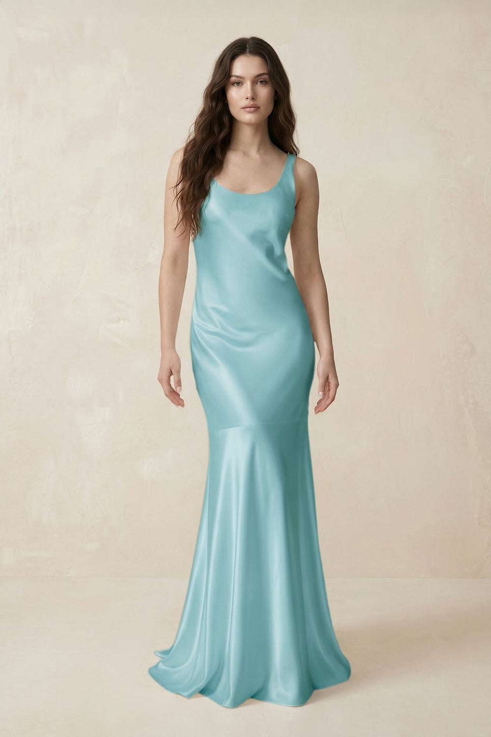 Mermaid Scoop Neck Satin Bridesmaid Dress with Bow in Bleached Aqua - KISS BRIDAL Bridesmaid Dresses