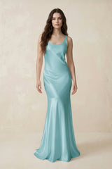 Mermaid Scoop Neck Satin Bridesmaid Dress with Bow in Bleached Aqua - KISS BRIDAL Bridesmaid Dresses