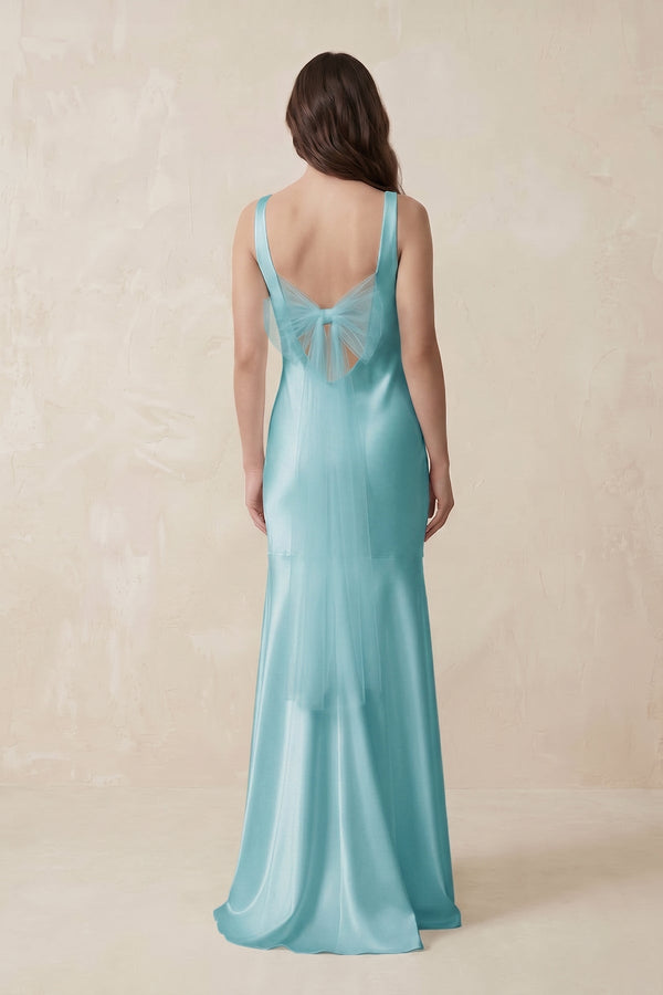 Mermaid Scoop Neck Satin Bridesmaid Dress with Bow in Bleached Aqua - KISS BRIDAL Bridesmaid Dresses