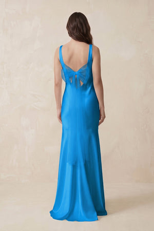 Mermaid Scoop Neck Satin Bridesmaid Dress with Bow in Blue Jay - KISS BRIDAL Bridesmaid Dresses