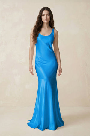Mermaid Scoop Neck Satin Bridesmaid Dress with Bow in Blue Jay - KISS BRIDAL Bridesmaid Dresses