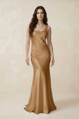 Mermaid Scoop Neck Satin Bridesmaid Dress with Bow in Bronzer - KISS BRIDAL Bridesmaid Dresses