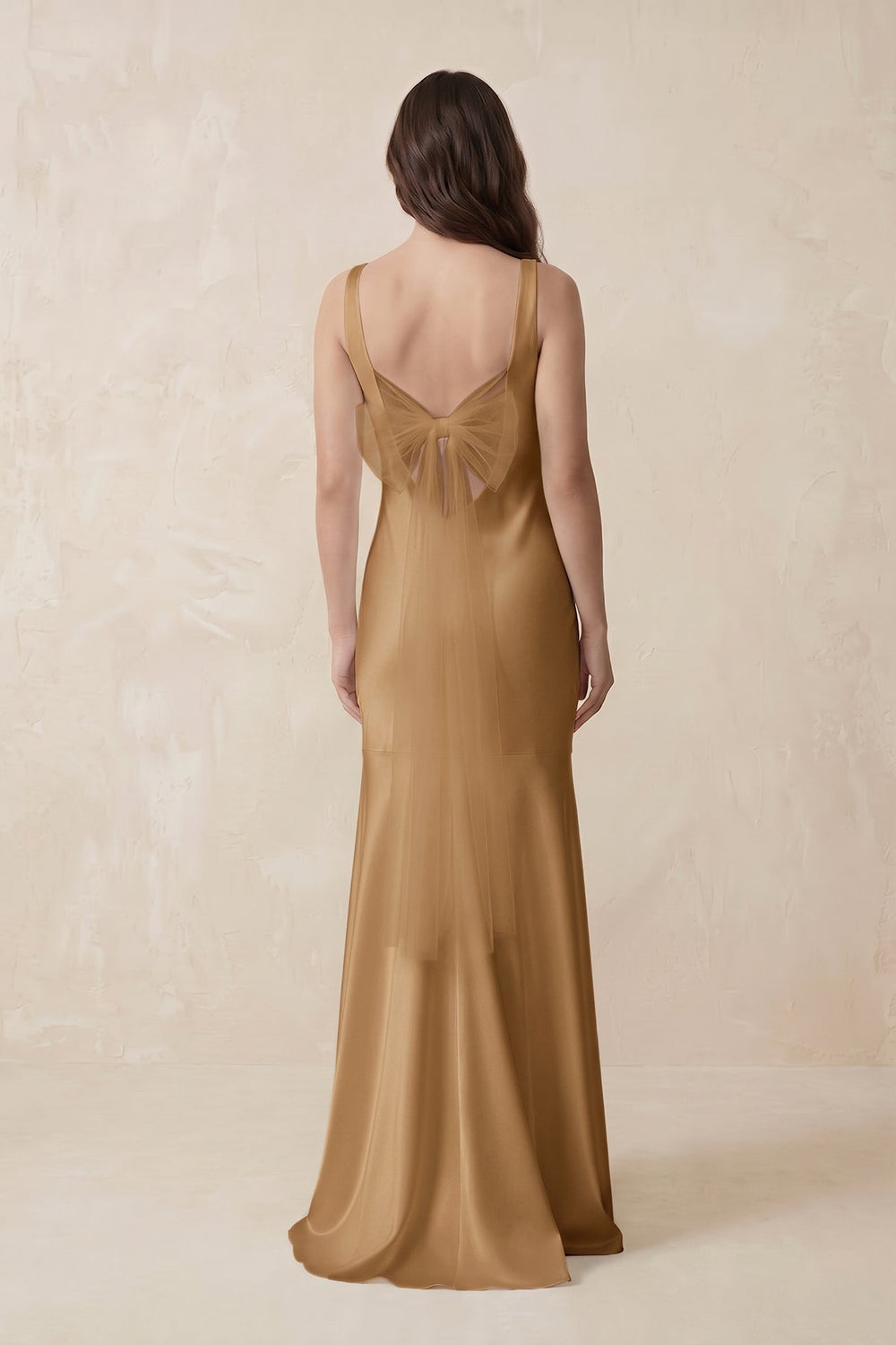 Mermaid Scoop Neck Satin Bridesmaid Dress with Bow in Bronzer - KISS BRIDAL Bridesmaid Dresses