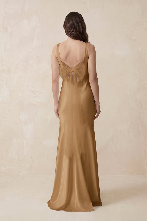 Mermaid Scoop Neck Satin Bridesmaid Dress with Bow in Bronzer - KISS BRIDAL Bridesmaid Dresses