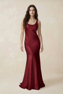 Mermaid Scoop Neck Satin Bridesmaid Dress with Bow in Burgundy - KISS BRIDAL Bridesmaid Dresses