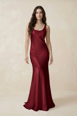 Mermaid Scoop Neck Satin Bridesmaid Dress with Bow in Burgundy - KISS BRIDAL Bridesmaid Dresses