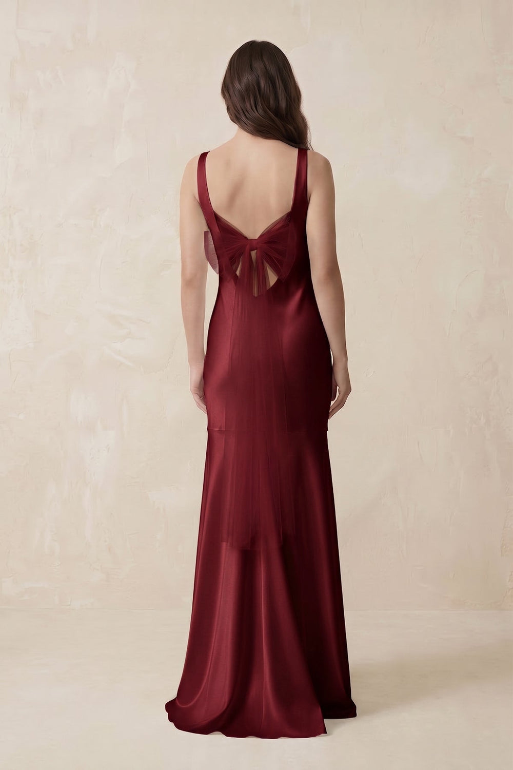 Mermaid Scoop Neck Satin Bridesmaid Dress with Bow in Burgundy - KISS BRIDAL Bridesmaid Dresses
