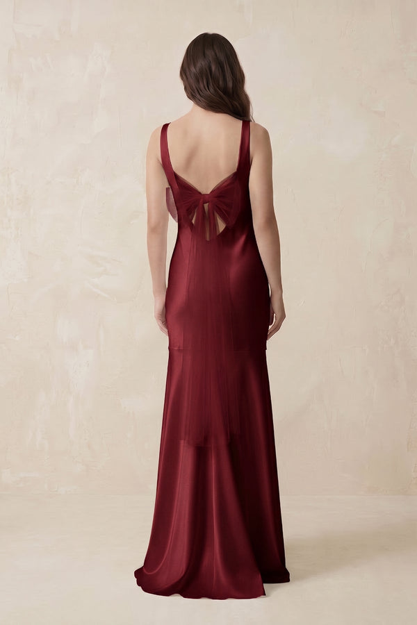 Mermaid Scoop Neck Satin Bridesmaid Dress with Bow in Burgundy - KISS BRIDAL Bridesmaid Dresses
