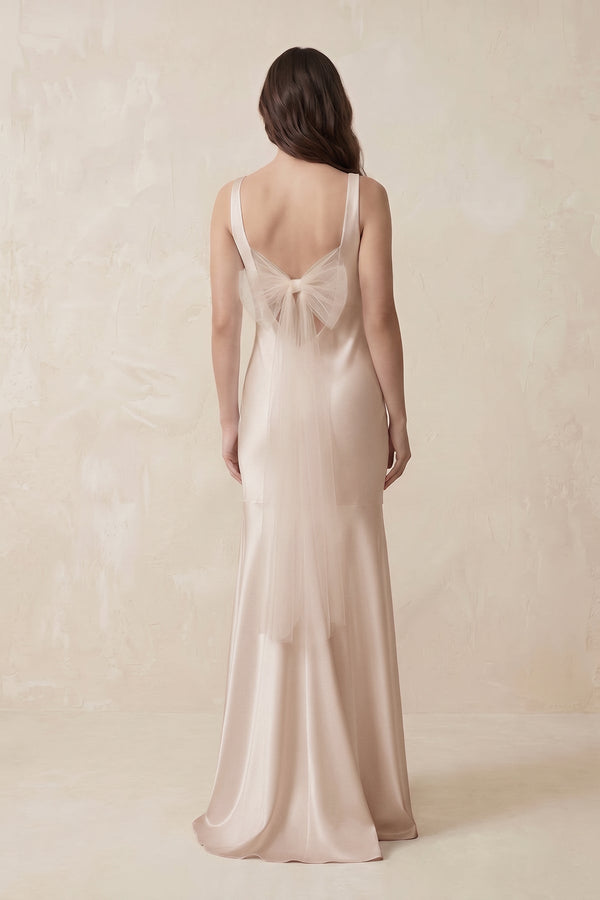 Mermaid Scoop Neck Satin Bridesmaid Dress with Bow in Buttercream - KISS BRIDAL Bridesmaid Dresses