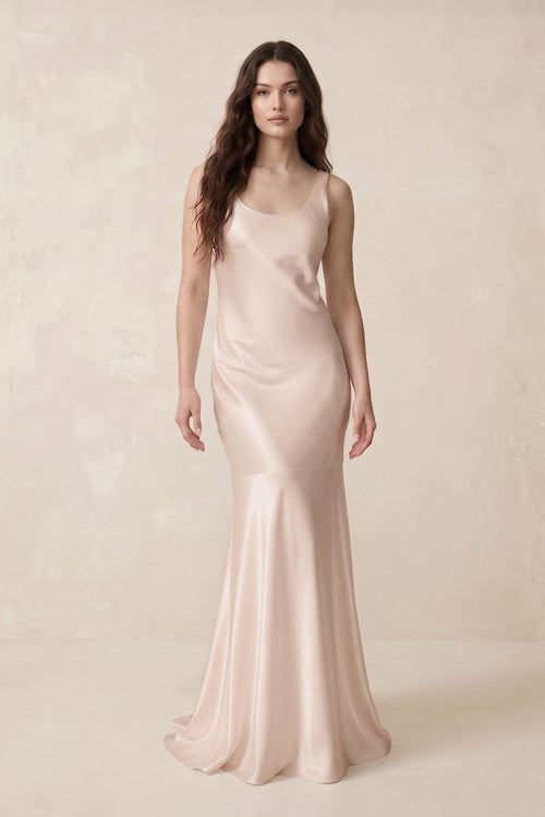 Mermaid Scoop Neck Satin Bridesmaid Dress with Bow in Buttercream - KISS BRIDAL Bridesmaid Dresses
