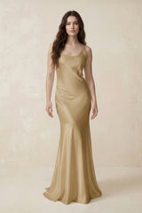 Mermaid Scoop Neck Satin Bridesmaid Dress with Bow in Champagne - KISS BRIDAL Bridesmaid Dresses