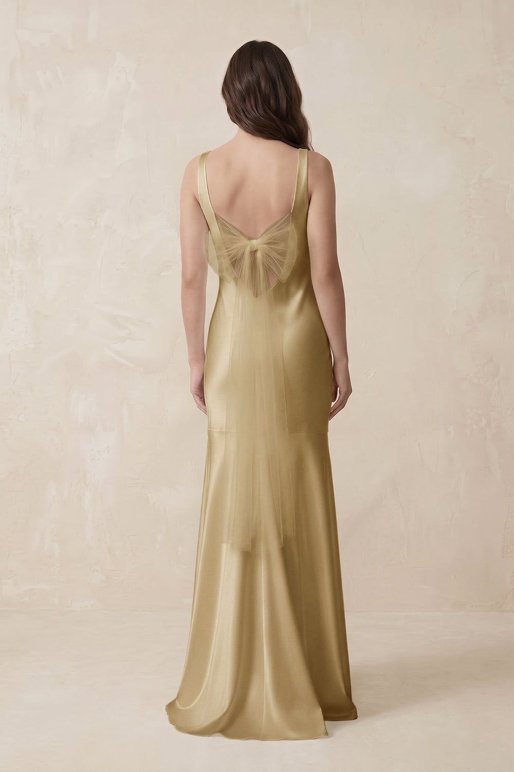 Mermaid Scoop Neck Satin Bridesmaid Dress with Bow in Champagne - KISS BRIDAL Bridesmaid Dresses