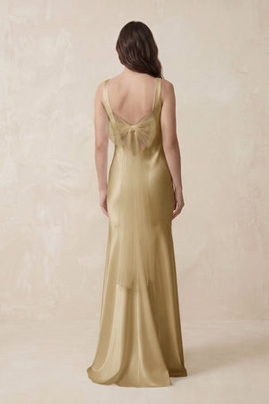 Mermaid Scoop Neck Satin Bridesmaid Dress with Bow in Champagne - KISS BRIDAL Bridesmaid Dresses