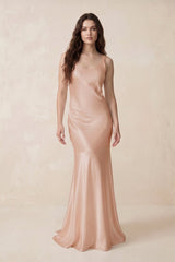 Mermaid Scoop Neck Satin Bridesmaid Dress with Bow in Champagne Rose - KISS BRIDAL Bridesmaid Dresses