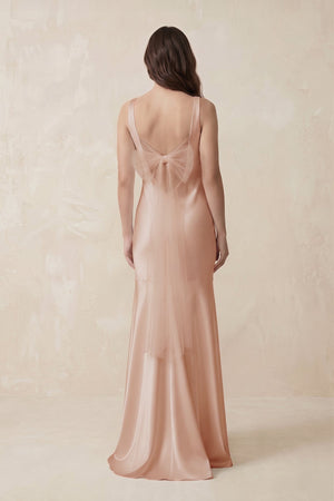 Mermaid Scoop Neck Satin Bridesmaid Dress with Bow in Champagne Rose - KISS BRIDAL Bridesmaid Dresses