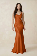 Mermaid Scoop Neck Satin Bridesmaid Dress with Bow in Cinnamon - KISS BRIDAL Bridesmaid Dresses