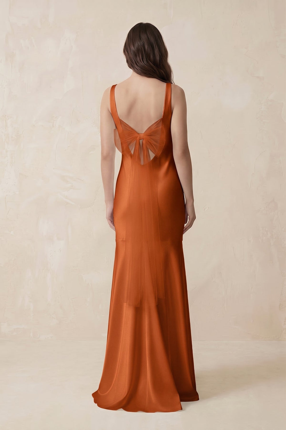 Mermaid Scoop Neck Satin Bridesmaid Dress with Bow in Cinnamon - KISS BRIDAL Bridesmaid Dresses