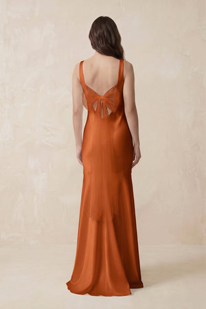 Mermaid Scoop Neck Satin Bridesmaid Dress with Bow in Cinnamon - KISS BRIDAL Bridesmaid Dresses