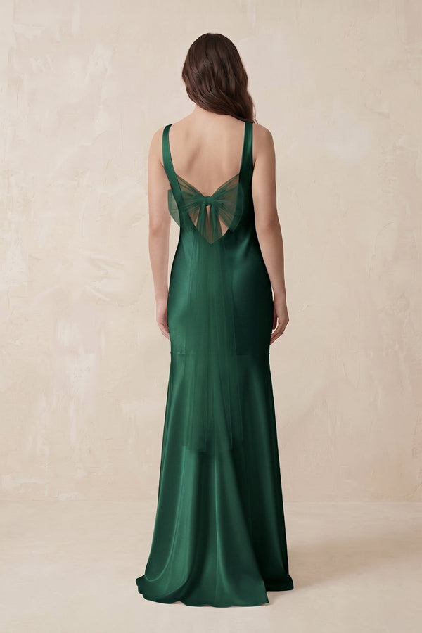 Mermaid Scoop Neck Satin Bridesmaid Dress with Bow in Dark Green - KISS BRIDAL Bridesmaid Dresses