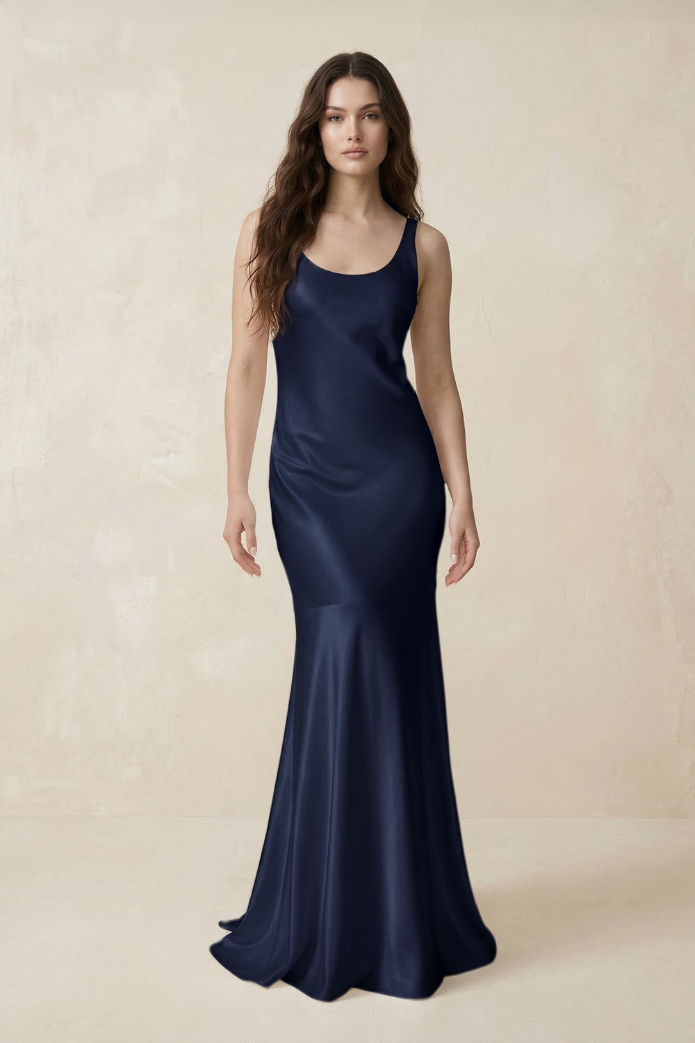 Mermaid Scoop Neck Satin Bridesmaid Dress with Bow in Dark Navy - KISS BRIDAL Bridesmaid Dresses