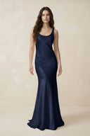 Mermaid Scoop Neck Satin Bridesmaid Dress with Bow in Dark Navy - KISS BRIDAL Bridesmaid Dresses