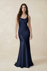 Mermaid Scoop Neck Satin Bridesmaid Dress with Bow in Dark Navy - KISS BRIDAL Bridesmaid Dresses