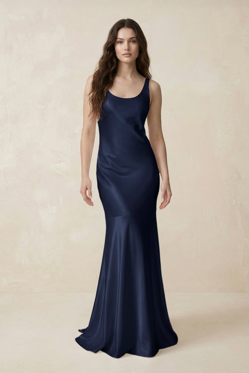 Mermaid Scoop Neck Satin Bridesmaid Dress with Bow in Dark Navy - KISS BRIDAL Bridesmaid Dresses
