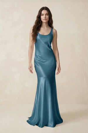 Mermaid Scoop Neck Satin Bridesmaid Dress with Bow in Dark Teal - KISS BRIDAL Bridesmaid Dresses