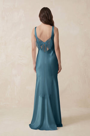 Mermaid Scoop Neck Satin Bridesmaid Dress with Bow in Dark Teal - KISS BRIDAL Bridesmaid Dresses