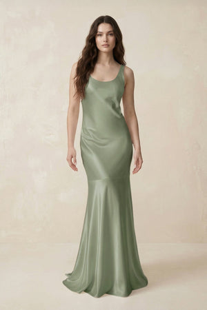 Mermaid Scoop Neck Satin Bridesmaid Dress with Bow in Dove Gray - KISS BRIDAL Bridesmaid Dresses