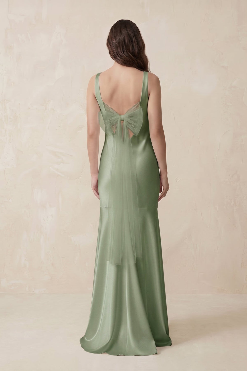 Mermaid Scoop Neck Satin Bridesmaid Dress with Bow in Dove Gray - KISS BRIDAL Bridesmaid Dresses