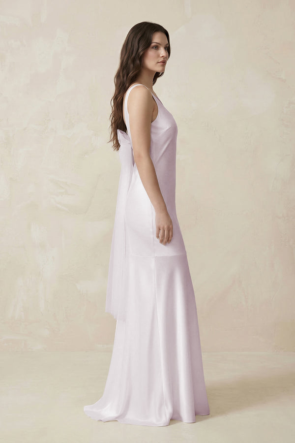 Mermaid Scoop Neck Satin Bridesmaid Dress with Bow in Dusk - SHE IS ME Bridesmaid Dresses