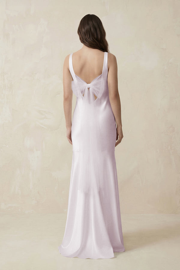 Mermaid Scoop Neck Satin Bridesmaid Dress with Bow in Dusk - SHE IS ME Bridesmaid Dresses