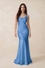 Mermaid Scoop Neck Satin Bridesmaid Dress with Bow in Dusty Blue - KISS BRIDAL Bridesmaid Dresses