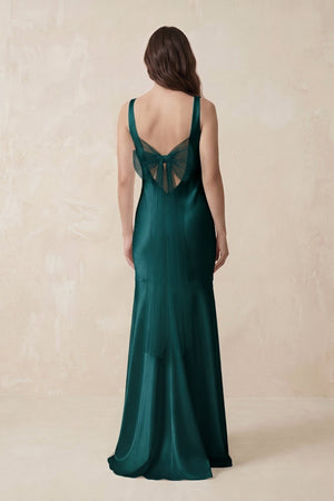 Mermaid Scoop Neck Satin Bridesmaid Dress with Bow in Emerald - KISS BRIDAL Bridesmaid Dresses