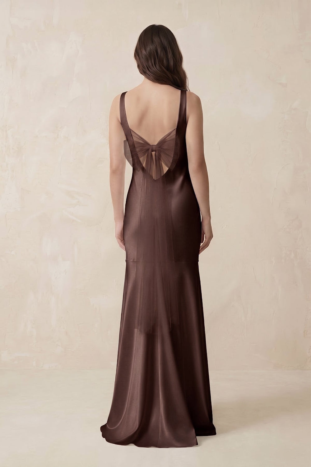Mermaid Scoop Neck Satin Bridesmaid Dress with Bow in Espresso - KISS BRIDAL Bridesmaid Dresses