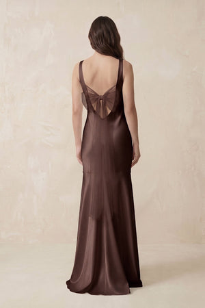 Mermaid Scoop Neck Satin Bridesmaid Dress with Bow in Espresso - KISS BRIDAL Bridesmaid Dresses