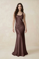 Mermaid Scoop Neck Satin Bridesmaid Dress with Bow in Espresso - KISS BRIDAL Bridesmaid Dresses