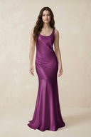 Mermaid Scoop Neck Satin Bridesmaid Dress with Bow in Fig - KISS BRIDAL Bridesmaid Dresses